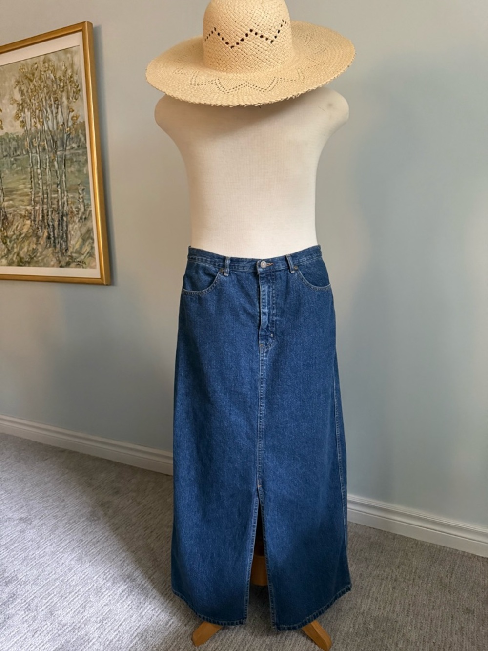 Vintage Eddie Bauer Denim Midi Skirt Front Slit 90s Classic